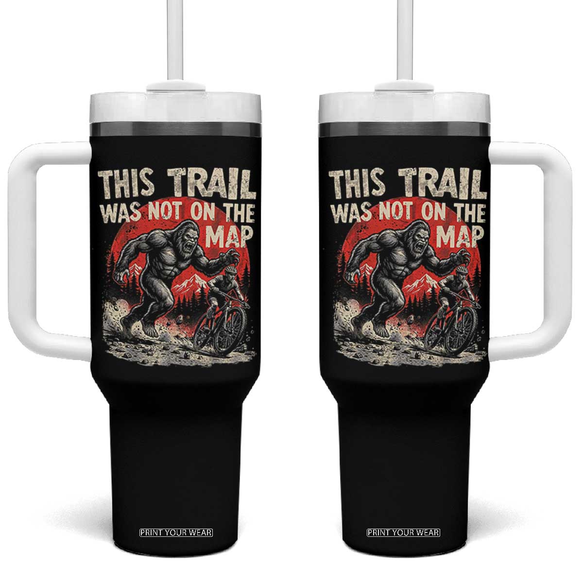 Funny Bigfoot Chasing Mountain Biker Tumbler With Handle This Trail Was Not On The Map
