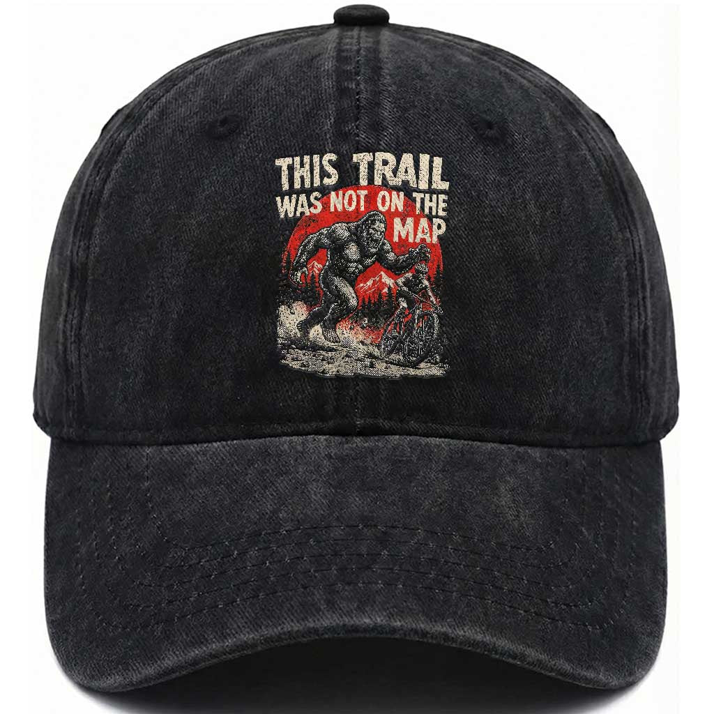 Funny Bigfoot Chasing Mountain Biker Washed Cotton Baseball Cap This Trail Was Not On The Map