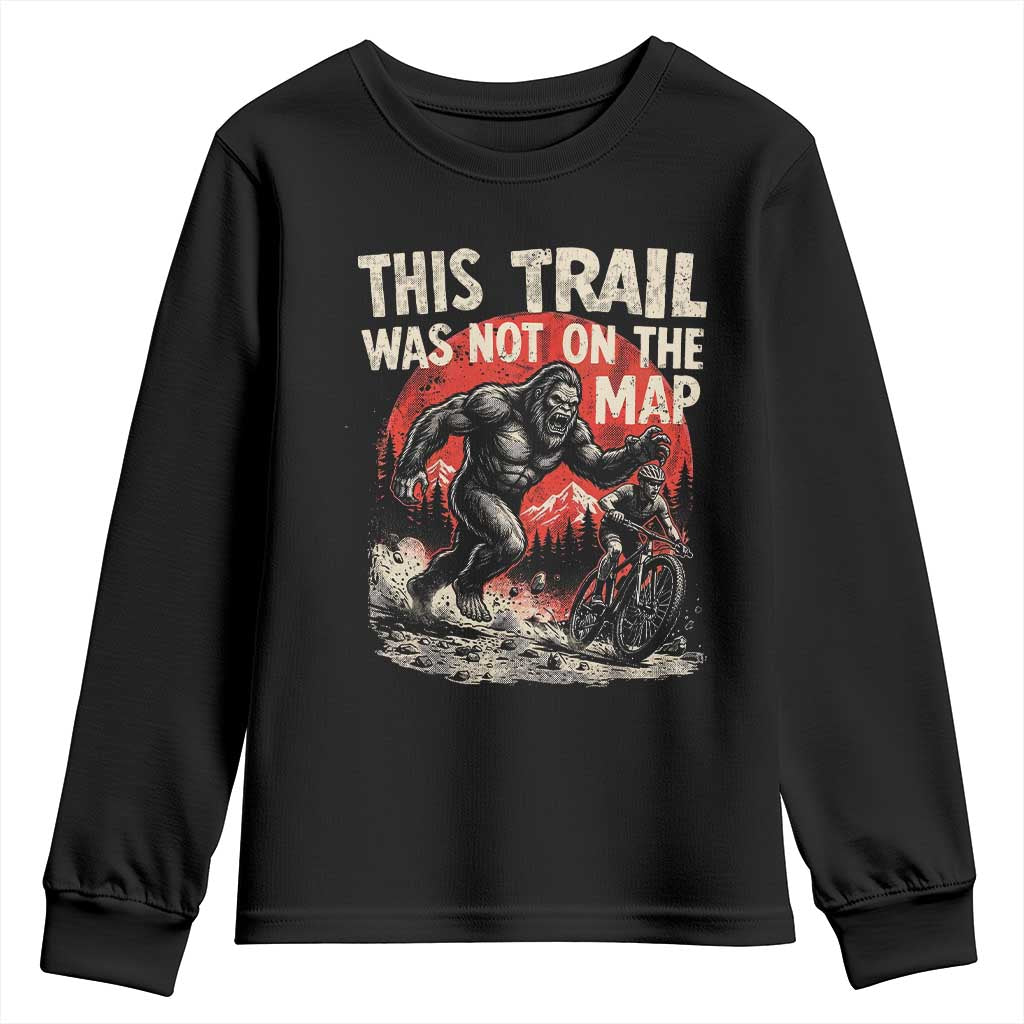 Funny Bigfoot Chasing Mountain Biker Youth Sweatshirt This Trail Was Not On The Map