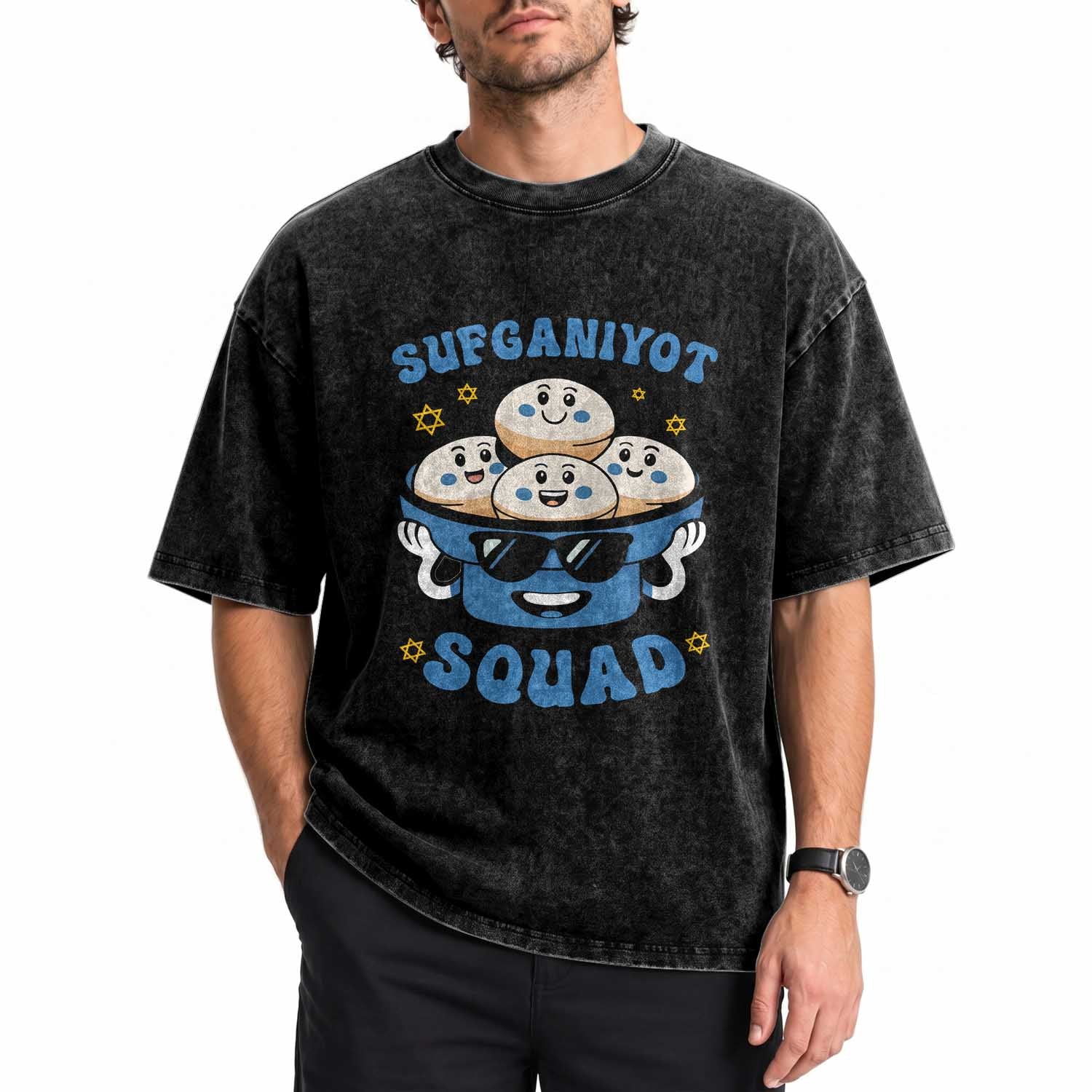 Hanukkah Sufganiyot Squad Washed Cotton T-Shirt Funny Jelly Donut Jewish Gift