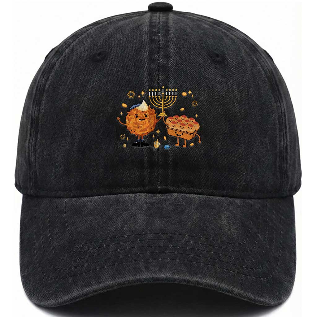 Hanukkah Sufganiyah And Latke Lifting Menorah Washed Cotton Baseball Cap Funny Holiday Gift TS12 Print Your Wear