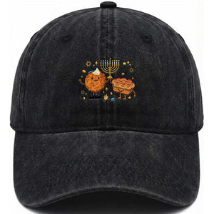 Hanukkah Sufganiyah And Latke Lifting Menorah Washed Cotton Baseball Cap Funny Holiday Gift TS12 Print Your Wear