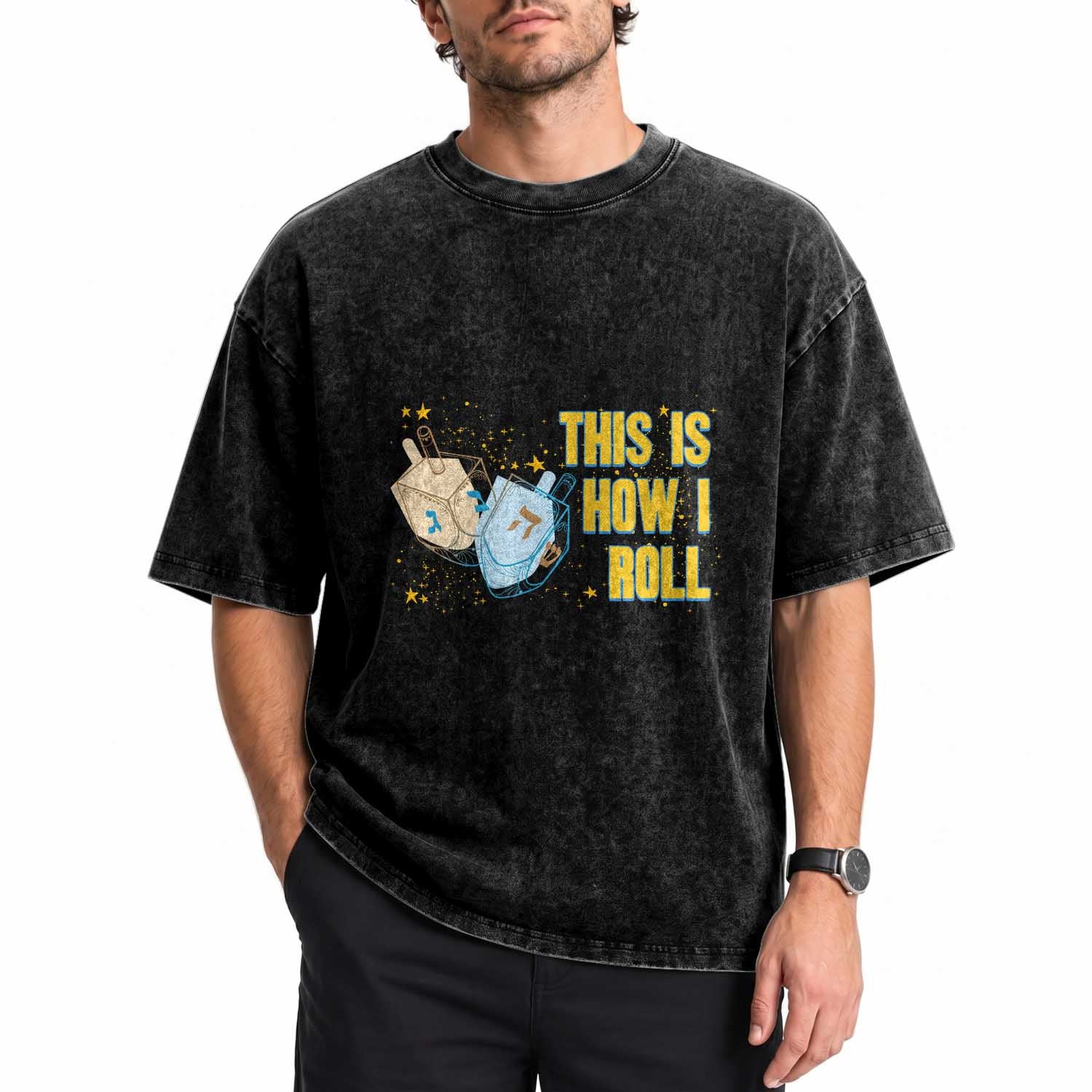 This Is How I Roll Washed Cotton T-Shirt Jewish Holiday Dreidel Gift