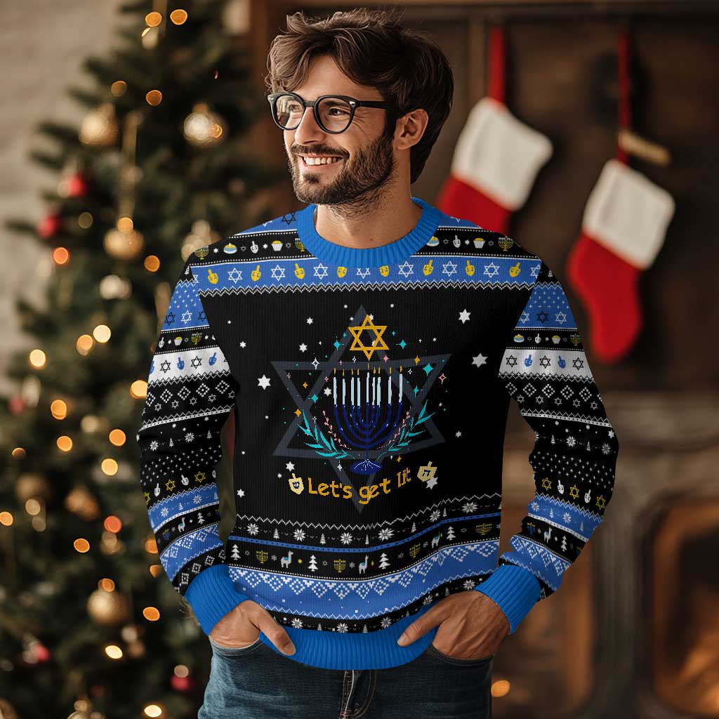 Funny Chanukkah Hanukkah Ugly Sweater Lets Get Lit Jewish Holiday Gift TS12 Black Blue Print Your Wear