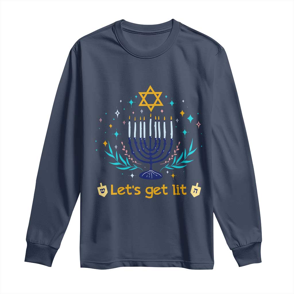 Funny Hanukkah Long Sleeve Shirt Lets Get Lit Jewish Holiday Gift TS12 Navy Print Your Wear