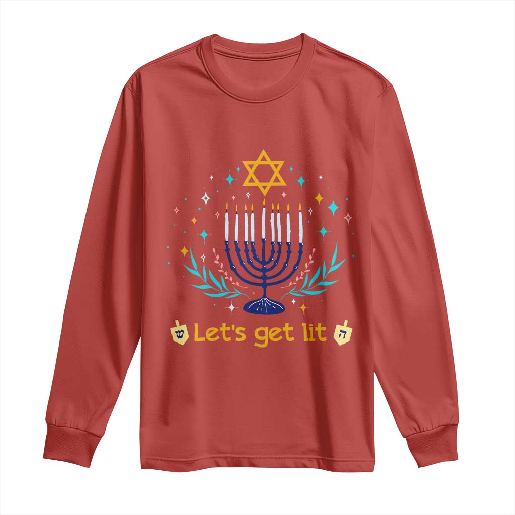 Funny Hanukkah Long Sleeve Shirt Lets Get Lit Jewish Holiday Gift TS12 Red Print Your Wear