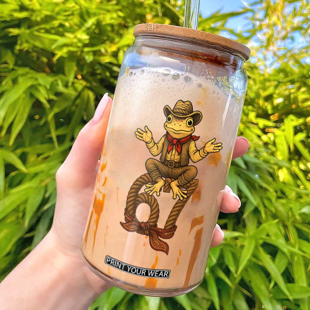 Funny Frog Cowboy Six Seven Meme Glass Can 67 Doot Doot Western Animal Trend Gift TS12 White Print Your Wear