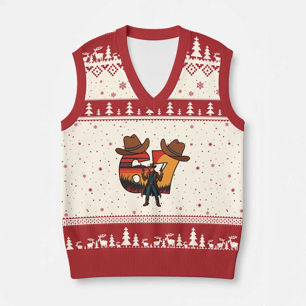 Six Seven Meme Cowboy V-Neck Knit Sweater Vest Funny Western 67 Trend Gift TS12 Beige Red Print Your Wear