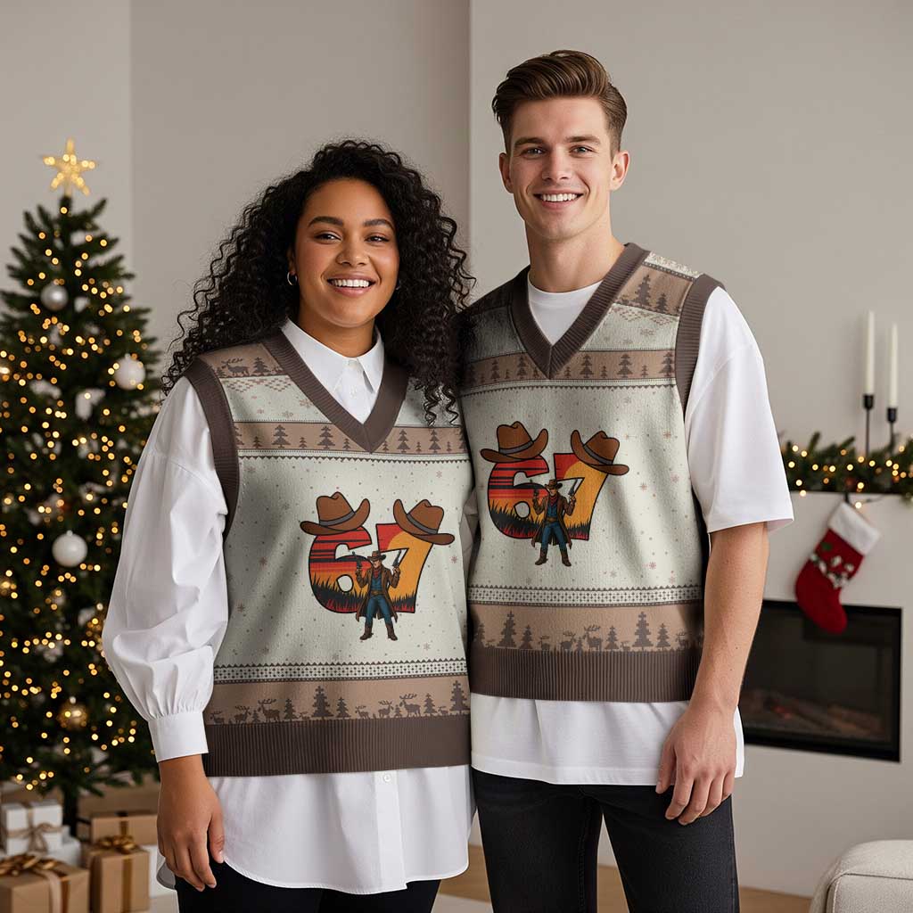 Six Seven Meme Cowboy V-Neck Knit Sweater Vest Funny Western 67 Trend Gift TS12 Mocha Mousse Print Your Wear