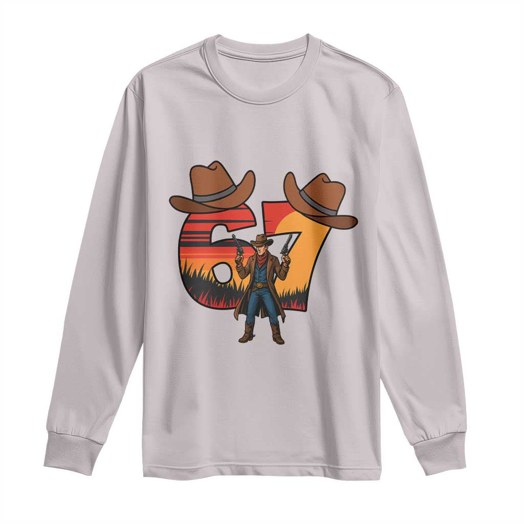 Six Seven Meme Cowboy Long Sleeve Shirt Funny Western 67 Trend Gift TS12 Ice Gray Print Your Wear