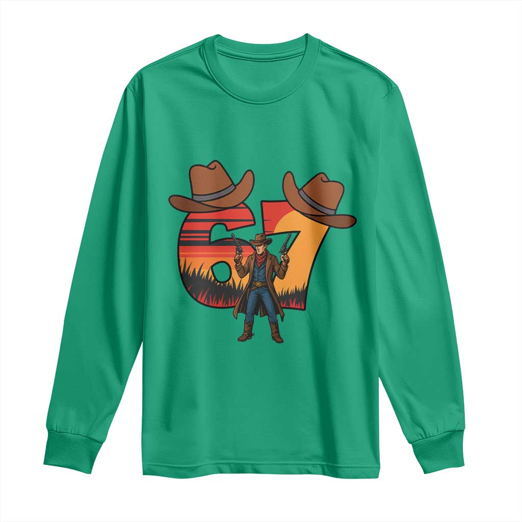 Six Seven Meme Cowboy Long Sleeve Shirt Funny Western 67 Trend Gift TS12 Irish Green Print Your Wear