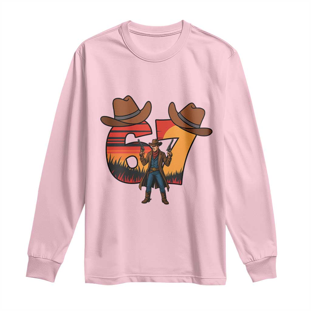 Six Seven Meme Cowboy Long Sleeve Shirt Funny Western 67 Trend Gift TS12 Light Pink Print Your Wear