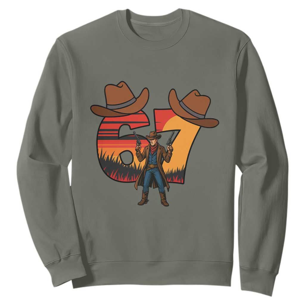 Six Seven Meme Cowboy Sweatshirt Funny Western 67 Trend Gift TS12 Military Green Print Your Wear