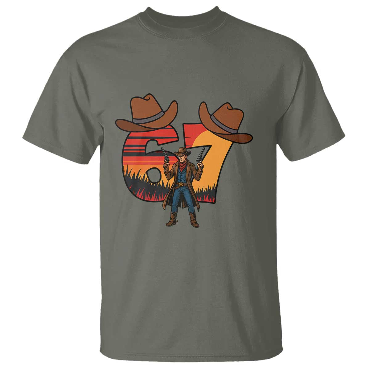 Six Seven Meme Cowboy T Shirt Funny Western 67 Trend Gift TS12 Military Green Print Your Wear