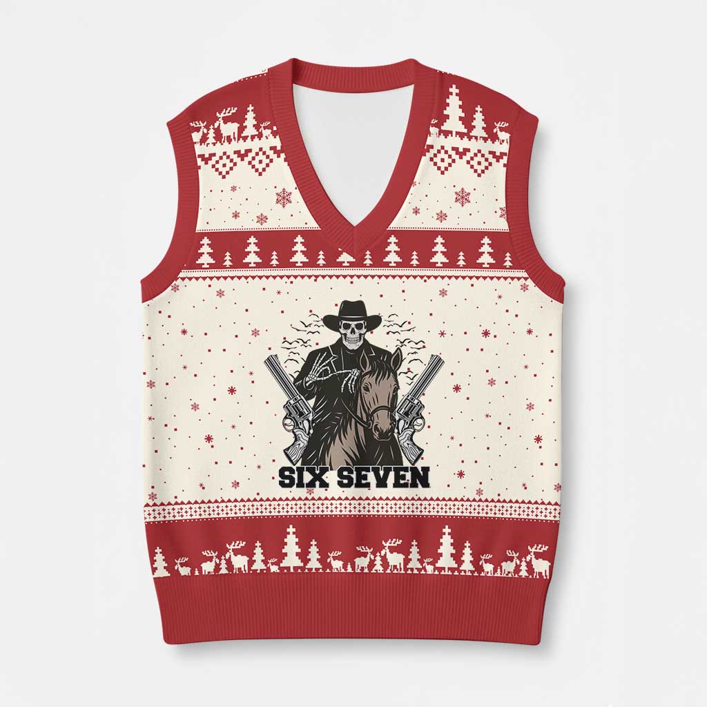 Six Seven Meme Skeleton Cowboy V-Neck Knit Sweater Vest Funny Western Gift TS12 Beige Red Print Your Wear