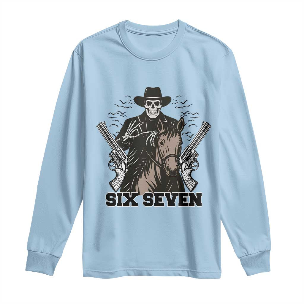 Six Seven Meme Skeleton Cowboy Long Sleeve Shirt Funny Western Gift TS12 Light Blue Print Your Wear