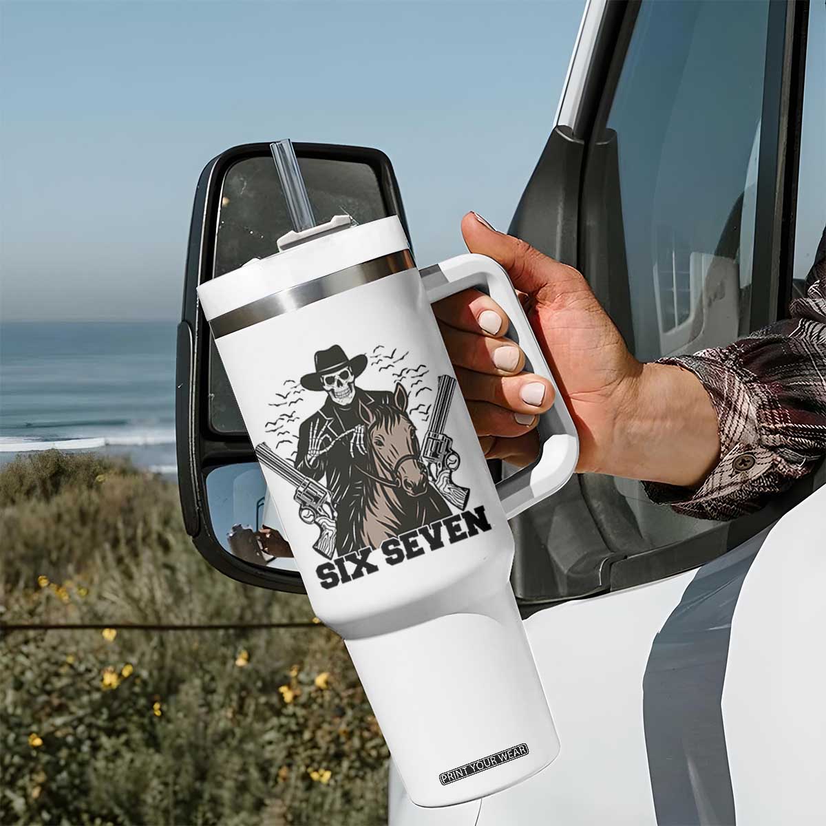 Six Seven Meme Skeleton Cowboy Tumbler With Handle Funny Western Gift TS12 Print Your Wear