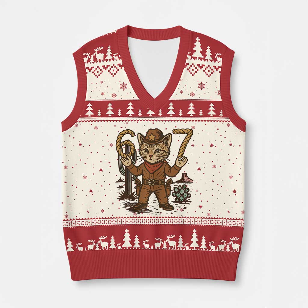 Funny Cowcat Six Seven Meme V-Neck Knit Sweater Vest Gen Alpha 67 Trend Gift TS12 Beige Red Print Your Wear