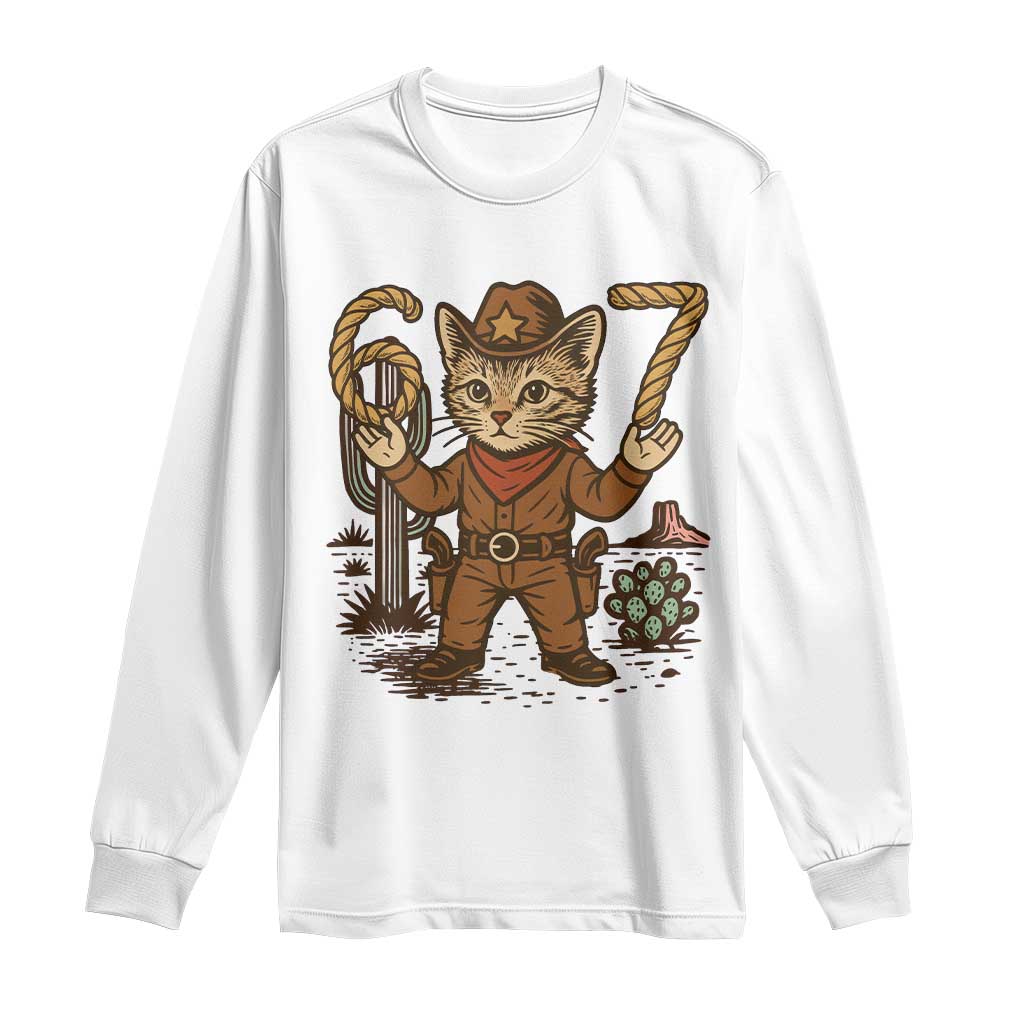Funny Cowcat Six Seven Meme Long Sleeve Shirt Gen Alpha 67 Trend Gift TS12 White Print Your Wear
