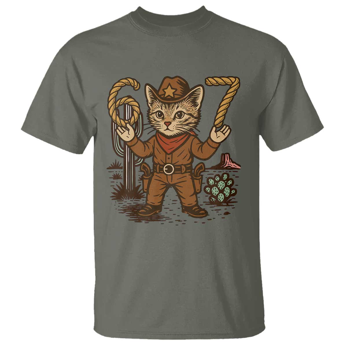 Funny Cowcat Six Seven Meme T Shirt Gen Alpha 67 Trend Gift TS12 Military Green Print Your Wear