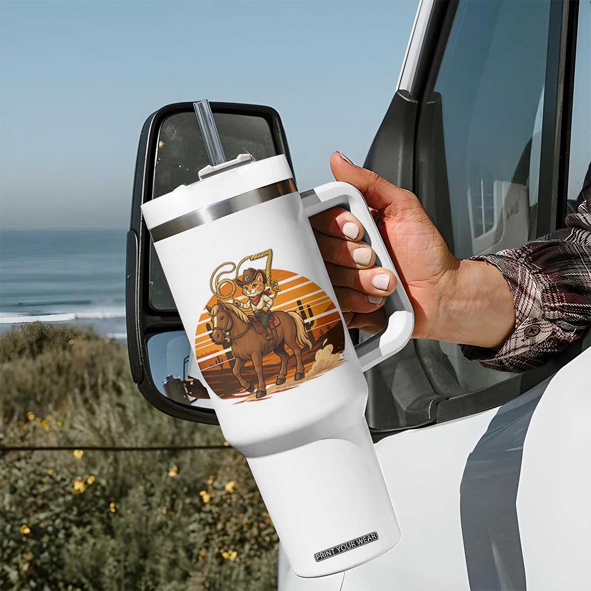 Funny Cowcat Six Seven Meme Tumbler With Handle Western 67 Trend Gift TS12 Print Your Wear