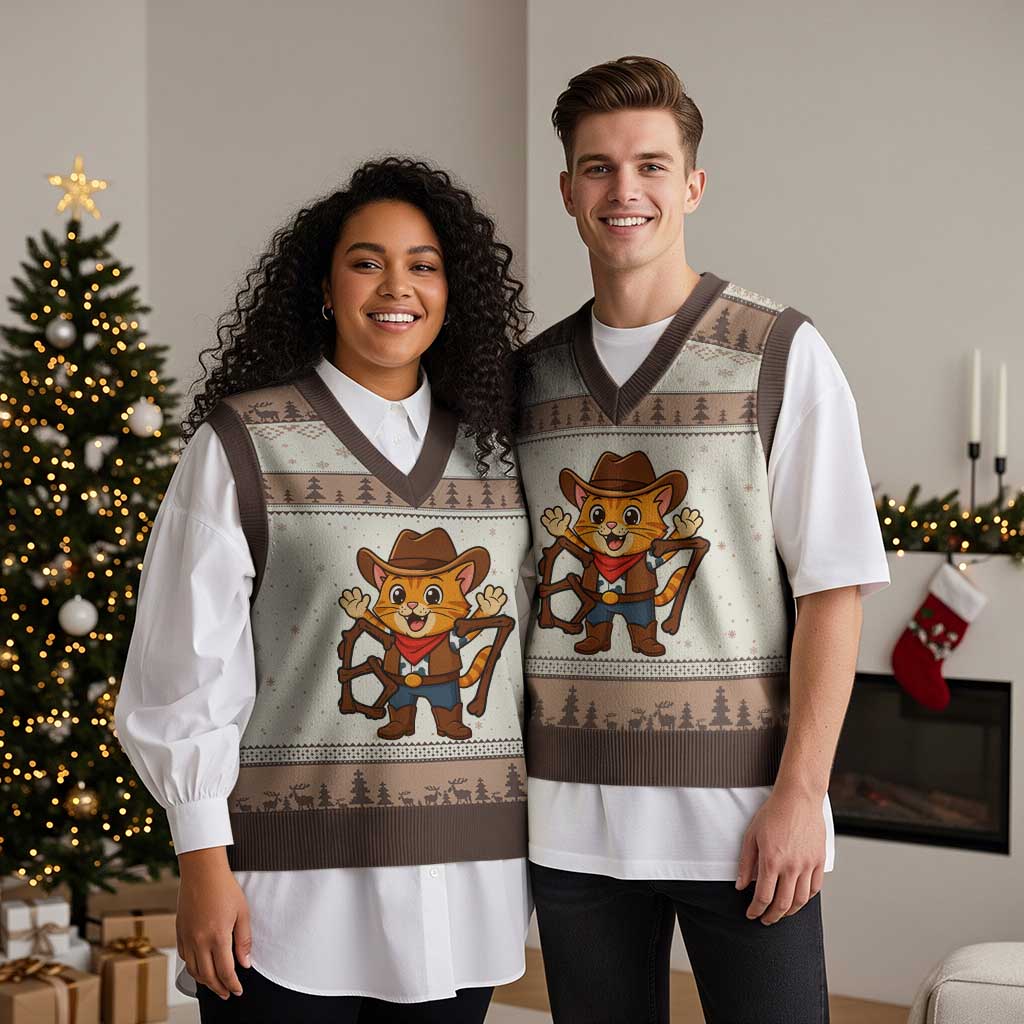 Funny Six Seven Meme Cowcat V-Neck Knit Sweater Vest Gen Alpha Slang Gift TS12 Mocha Mousse Print Your Wear