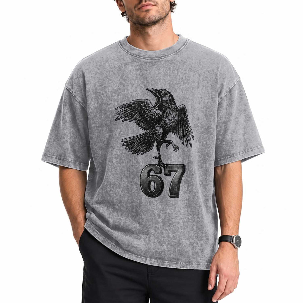 Funny Raven Brainrot Six Seven Meme Gift Washed Cotton T-Shirt