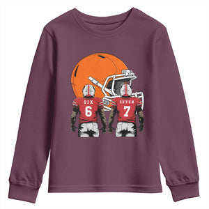 Funny American Football Youth Sweatshirt Six Seven Meme TS12 Maroon Print Your Wear