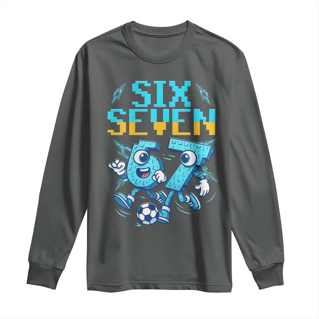 Funny Six Seven Pixel Playing Soccer Long Sleeve Shirt Gen Z Alpha Gift TS12 Dark Heather Print Your Wear