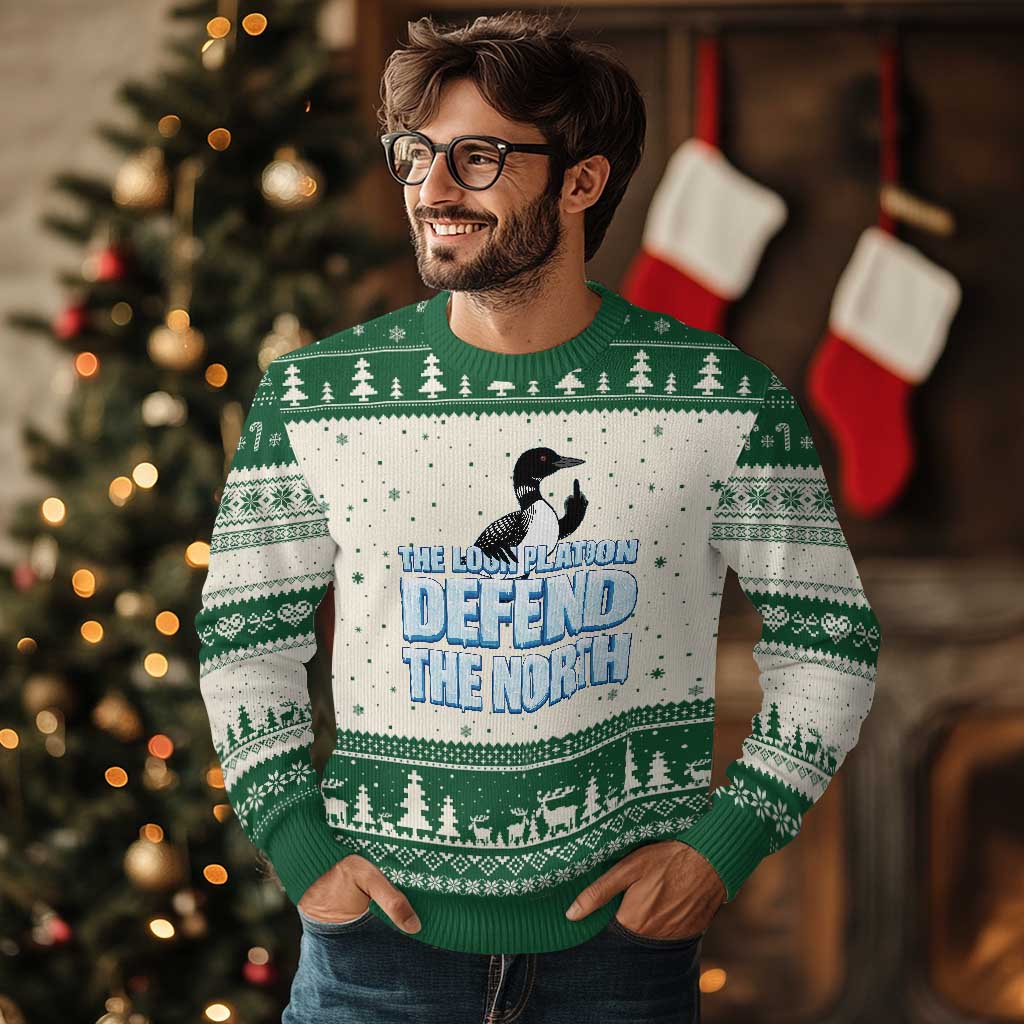 The Loon Platoon Defend The North Ugly Christmas Sweater MN State Bird Loon Resistance TS12 Beige Green Print Your Wear