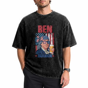 Benjamin Franklin Washed Cotton T-Shirt Funny Ben Drankin American History