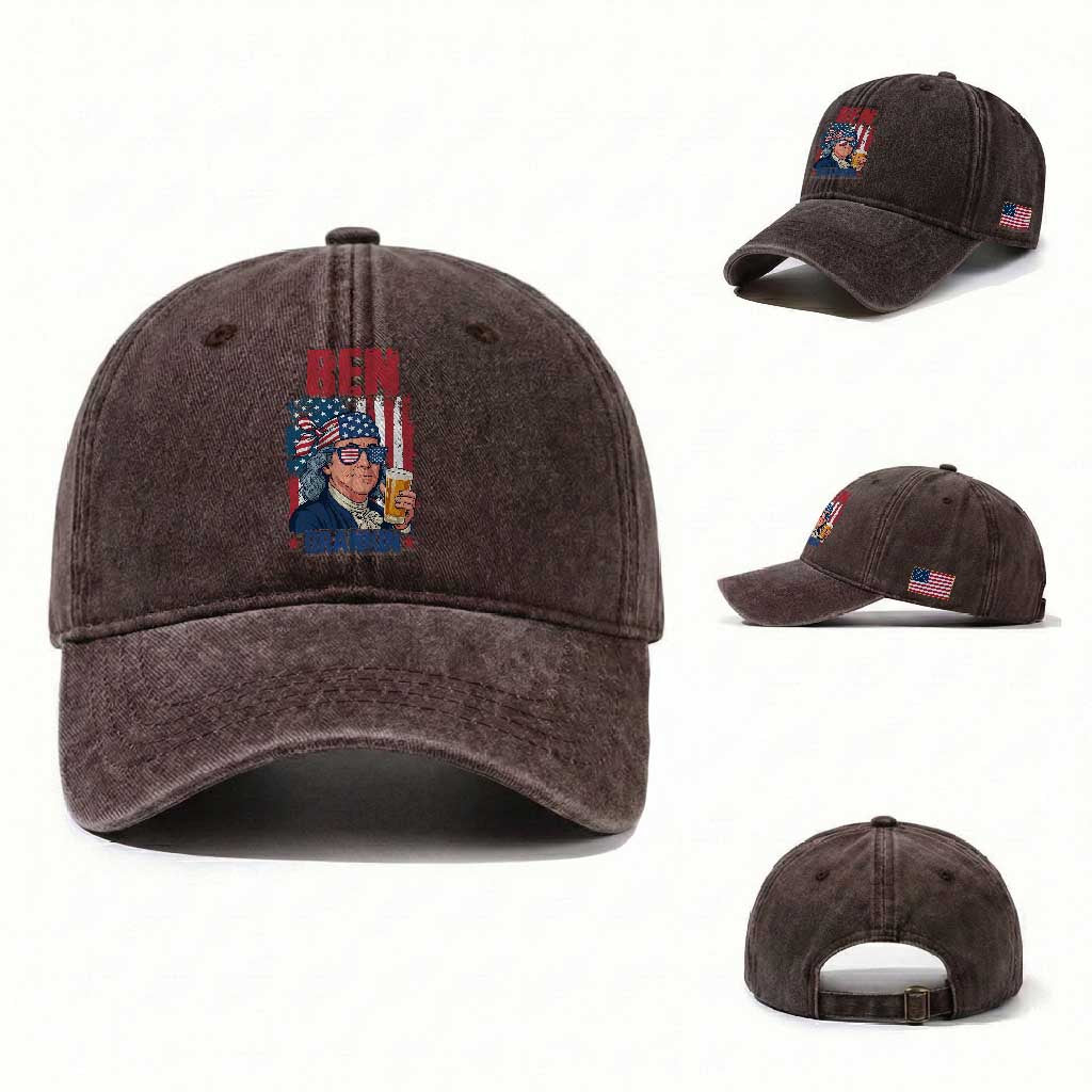 Benjamin Franklin Washed Cotton Baseball Cap Funny Ben Drankin American History TS12 Washed Cap Universal Fit Dark Brown Print Your Wear