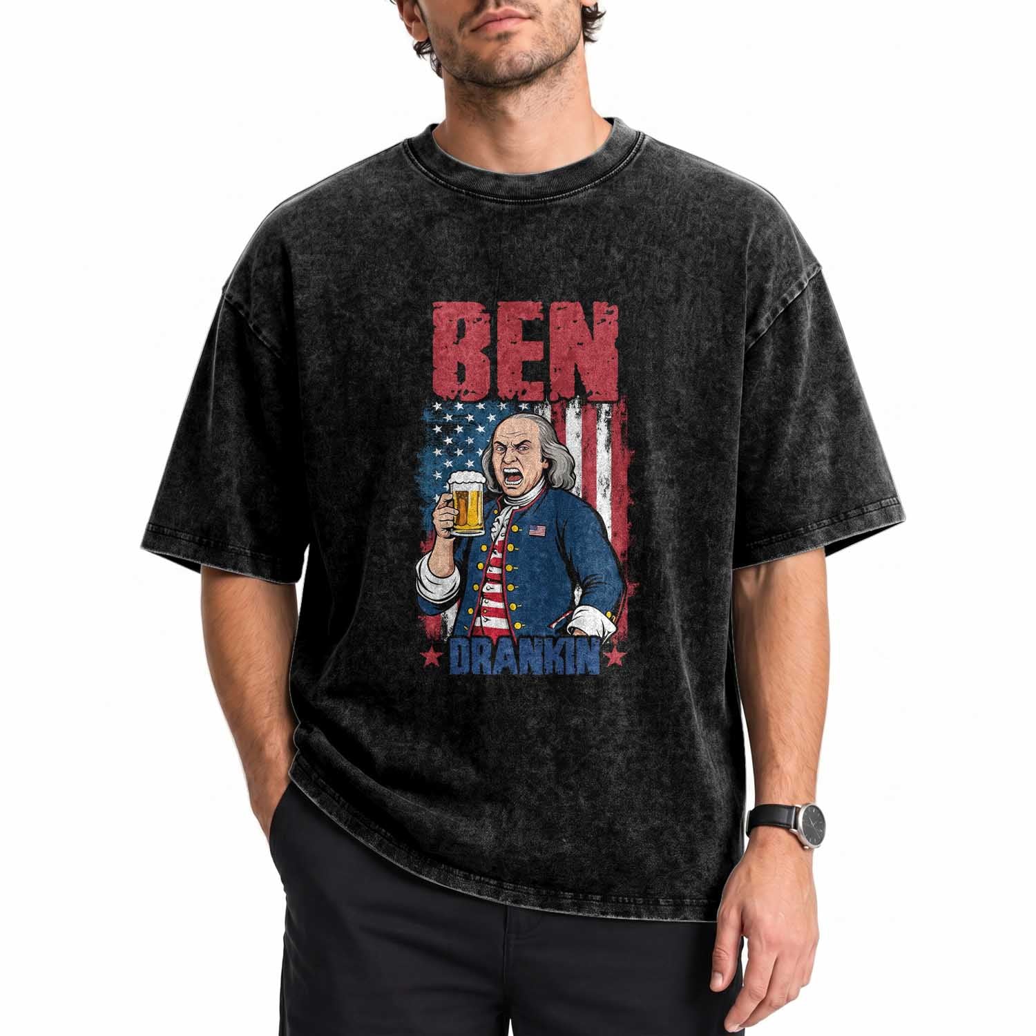 Benjamin Franklin Washed Cotton T-Shirt Funny Patriotic Founding Father