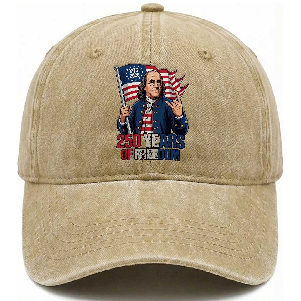 Patriotic Benjamin Franklin Washed Cotton Baseball Cap 250 Years Of Freedom TS12 Washed Cap Universal Fit Khaki Print Your Wear