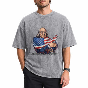 Benjamin Franklin Washed Cotton T-Shirt Freedom Liberty Independence American History