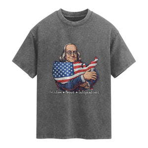 Benjamin Franklin Washed Cotton T-Shirt Freedom Liberty Independence American History