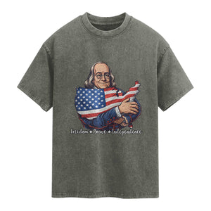 Benjamin Franklin Washed Cotton T-Shirt Freedom Liberty Independence American History