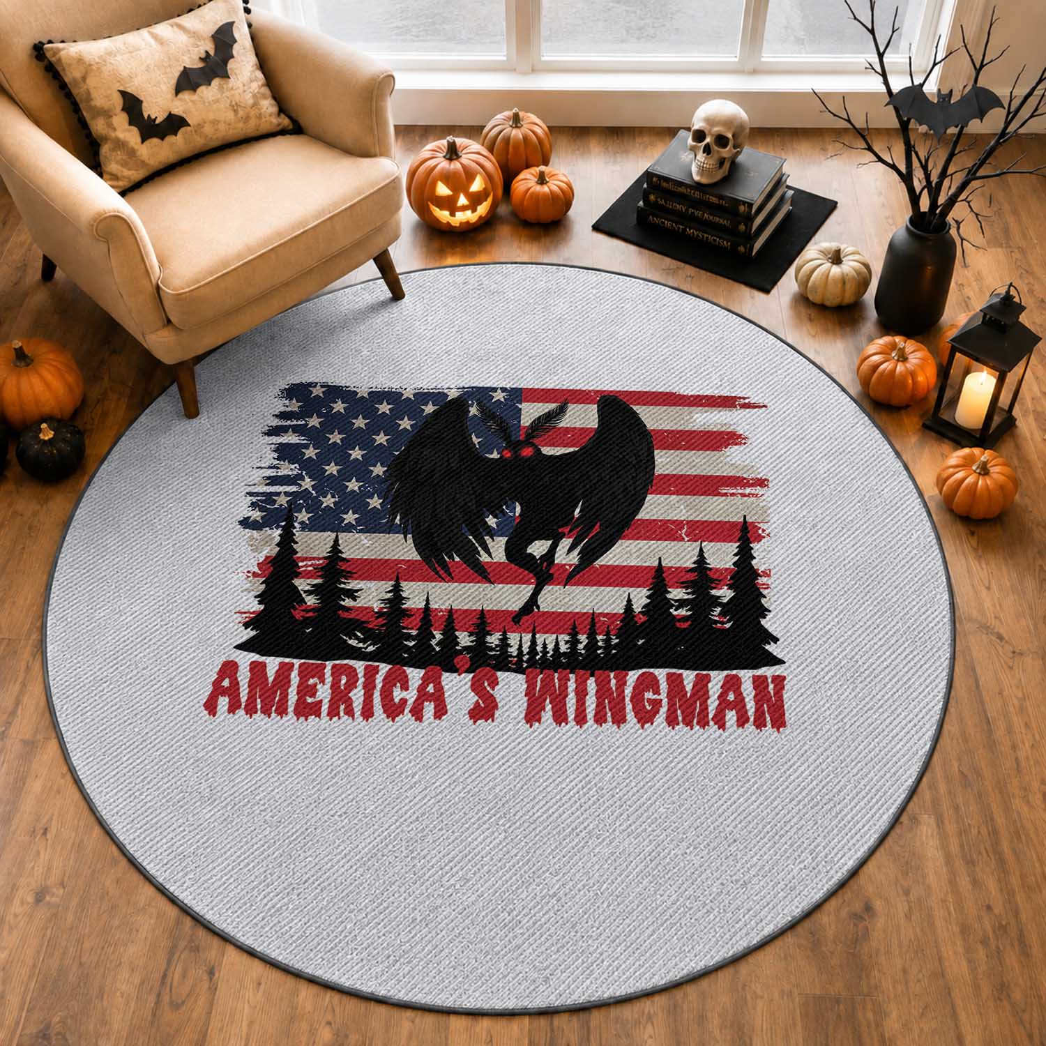 Mothman Americas Wingman Round Rug Funny Patriotic Cryptid