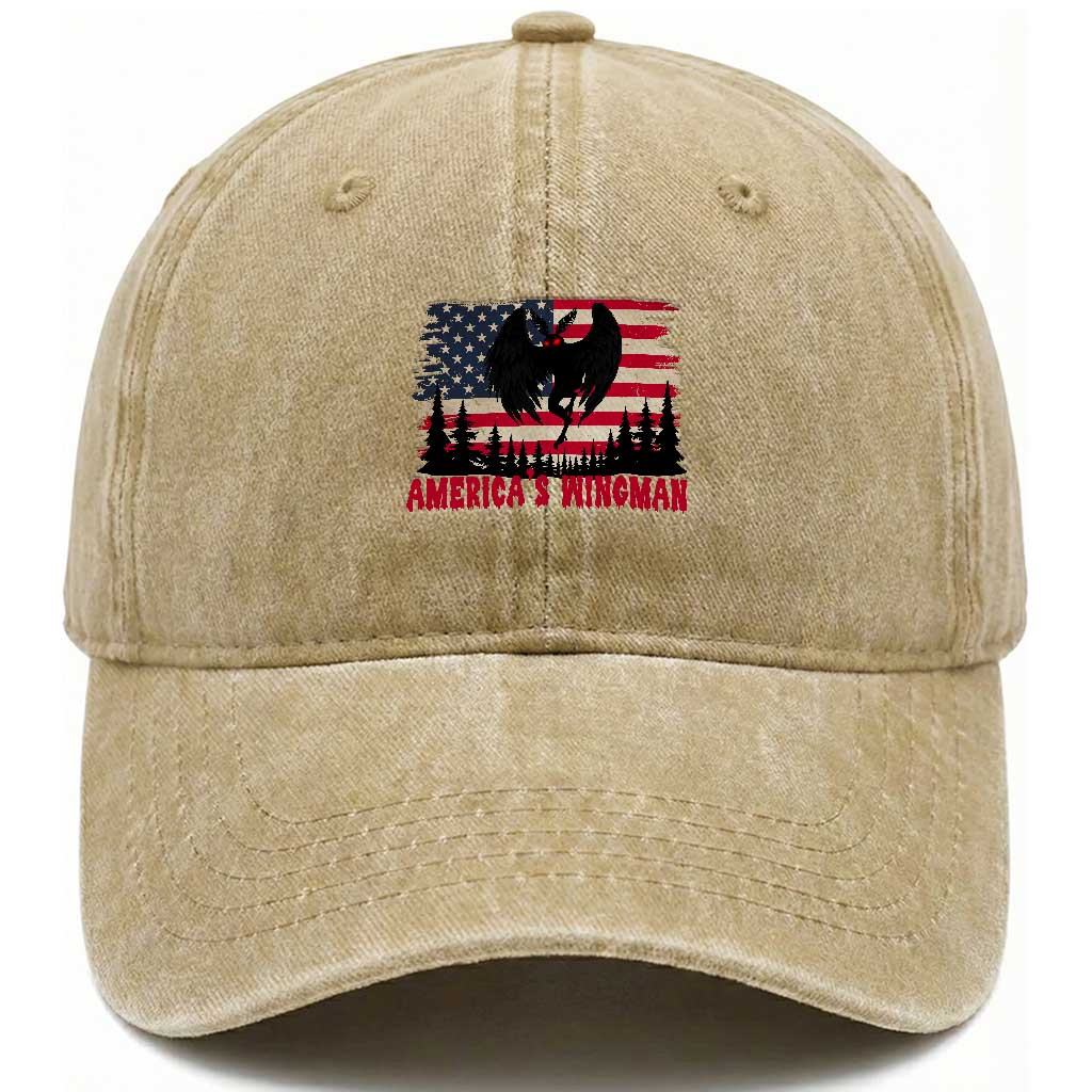 Mothman Americas Wingman Washed Cotton Baseball Cap Funny Patriotic Cryptid TS12 Washed Cap Universal Fit Khaki Print Your Wear