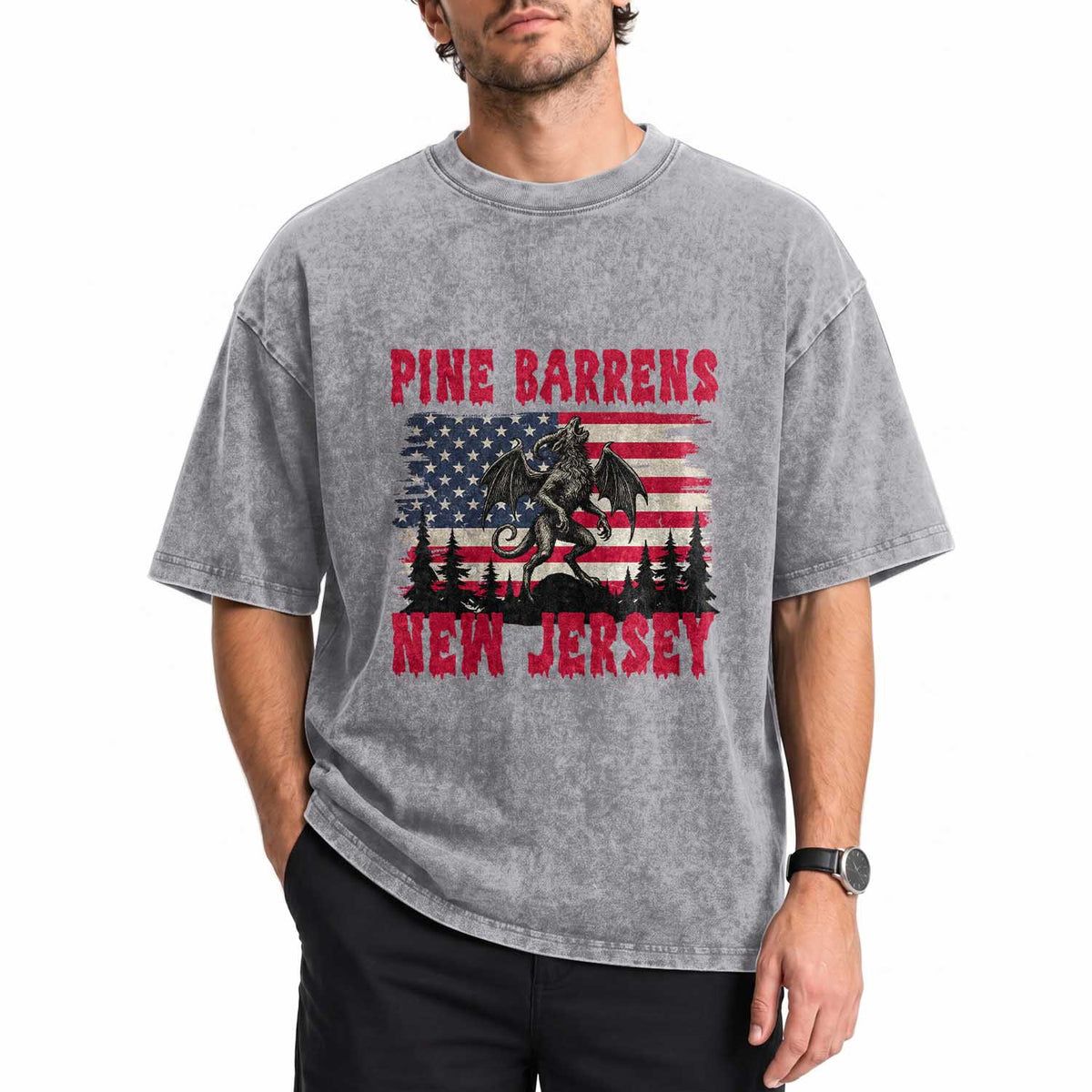 Patriotic Jersey Devil Washed Cotton T-Shirt Pine Barrens New Jersey Cryptid