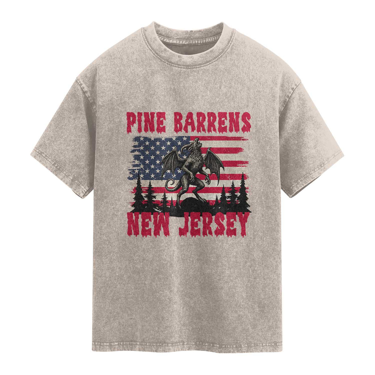 Patriotic Jersey Devil Washed Cotton T-Shirt Pine Barrens New Jersey Cryptid
