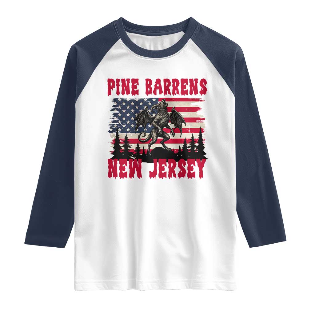 Patriotic Jersey Devil Raglan Shirt Pine Barrens New Jersey Cryptid TS12 White Navy Print Your Wear