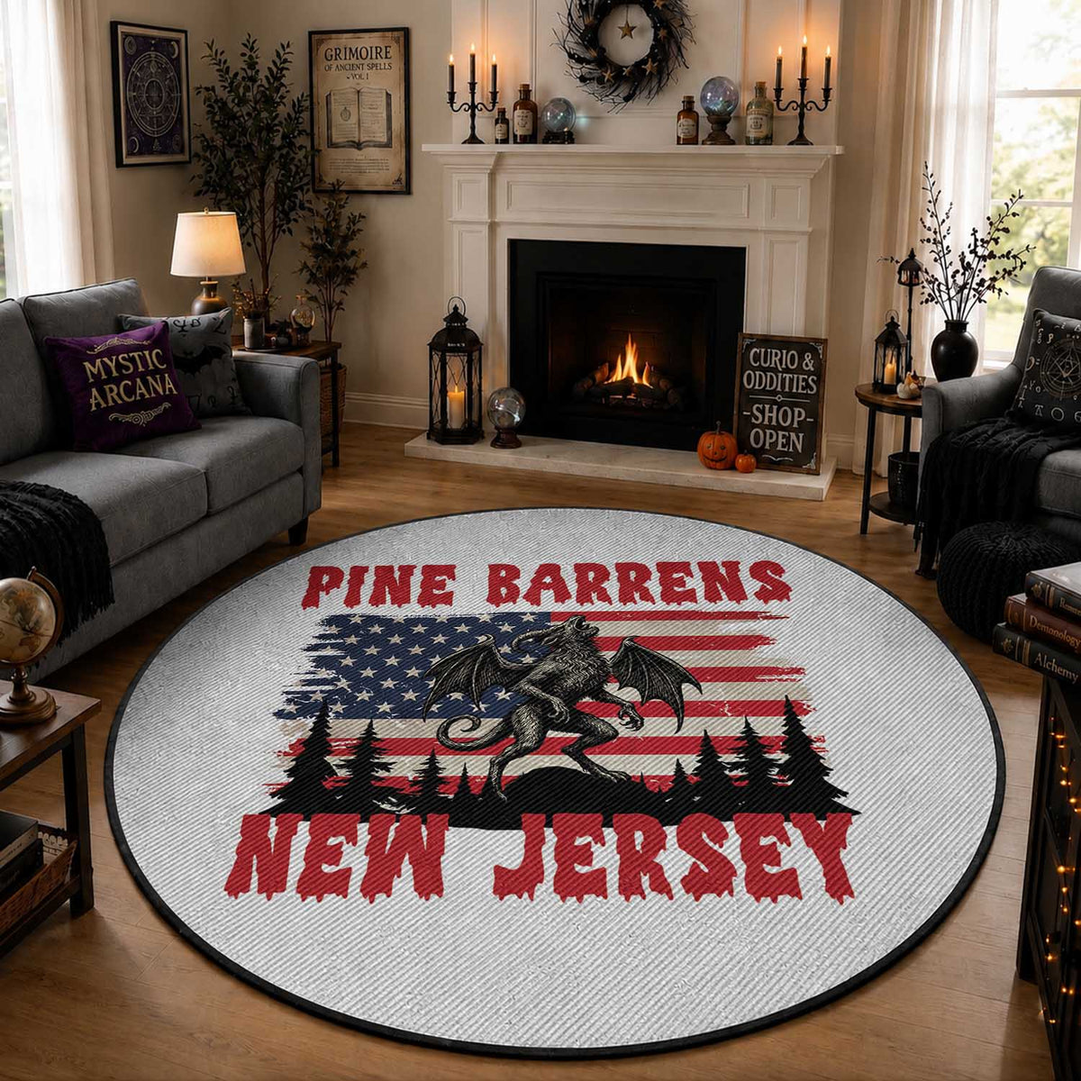 Patriotic Jersey Devil Round Rug Pine Barrens New Jersey Cryptid