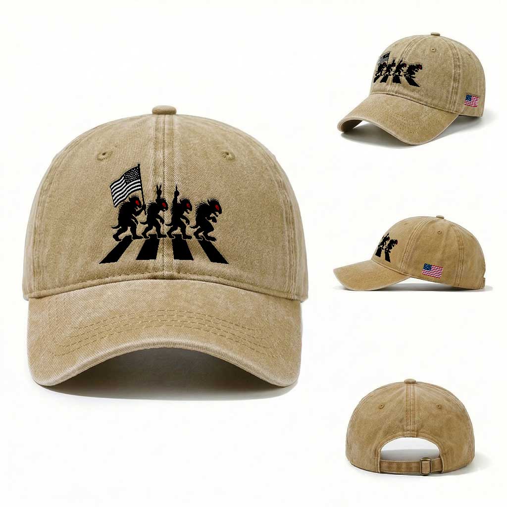 Patriotic Chupacabra Washed Cotton Baseball Cap Funny Cryptid Lover Gift TS12 Washed Cap Universal Fit Khaki Print Your Wear