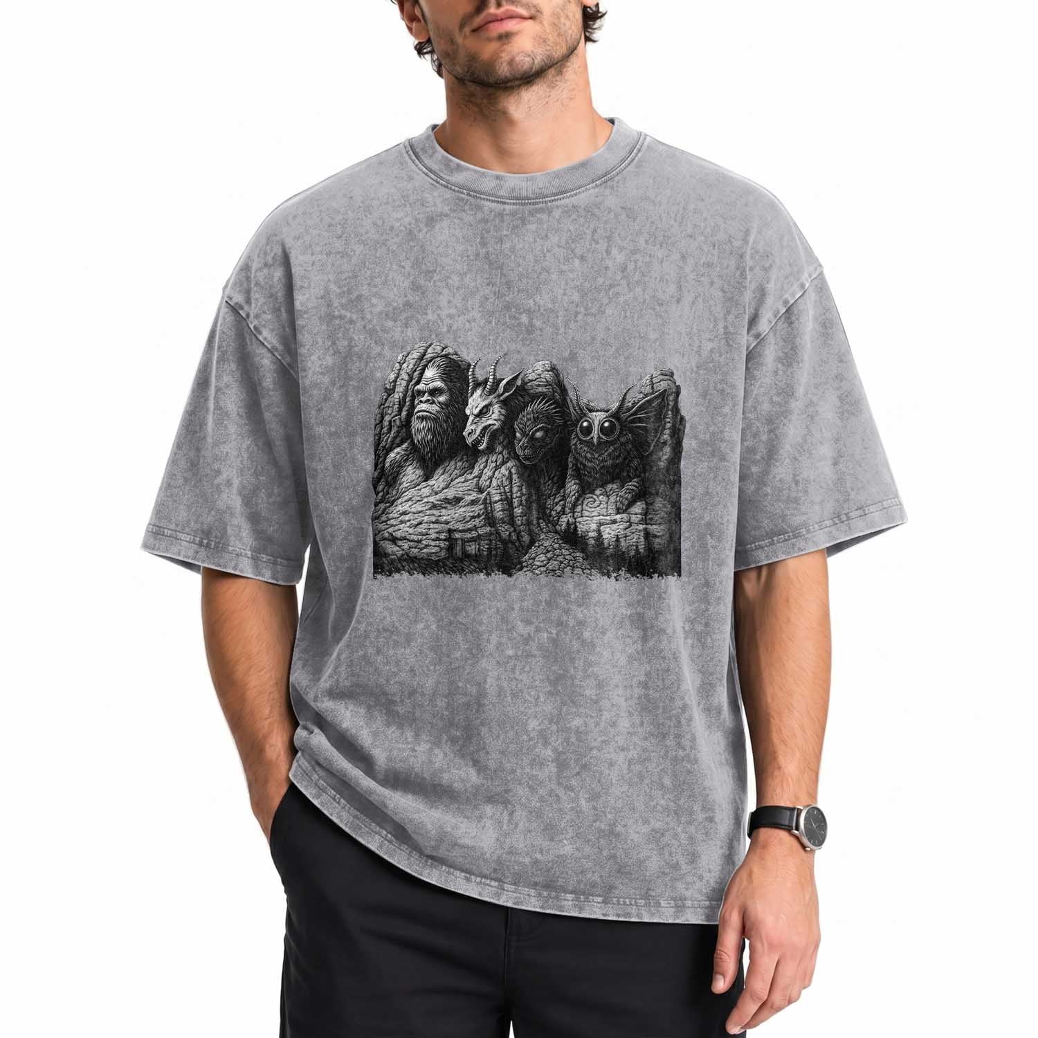 Cryptid Mount Rushmore Washed Cotton T-Shirt Bigfoot Mothman Jersey Devil Chupacabra