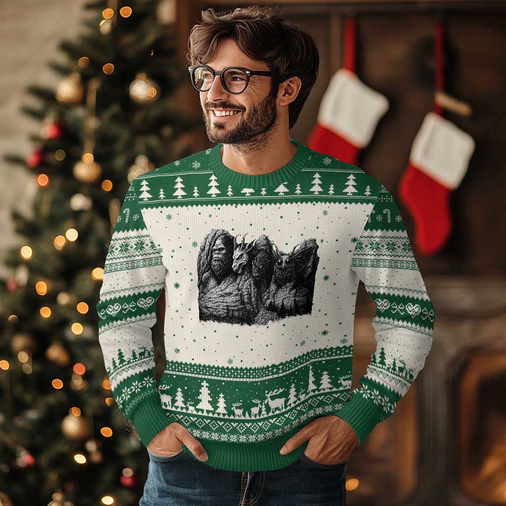 Cryptid Mount Rushmore Ugly Christmas Sweater Bigfoot Mothman Jersey Devil Chupacabra TS12 Beige Green Print Your Wear