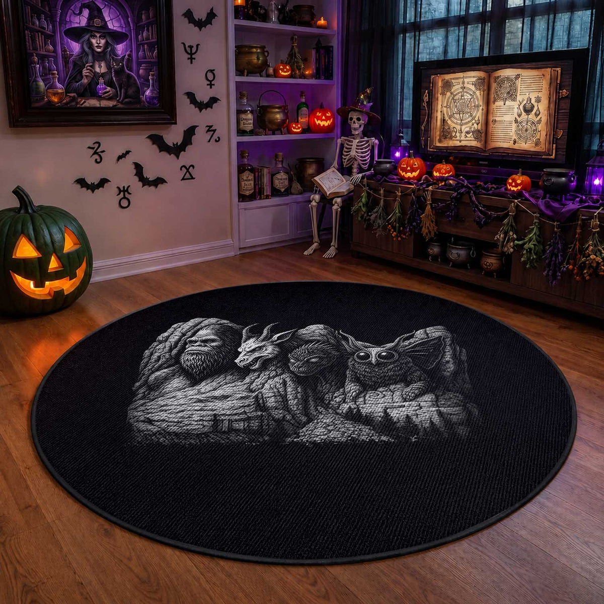 Cryptid Mount Rushmore Round Rug Bigfoot Mothman Jersey Devil Chupacabra