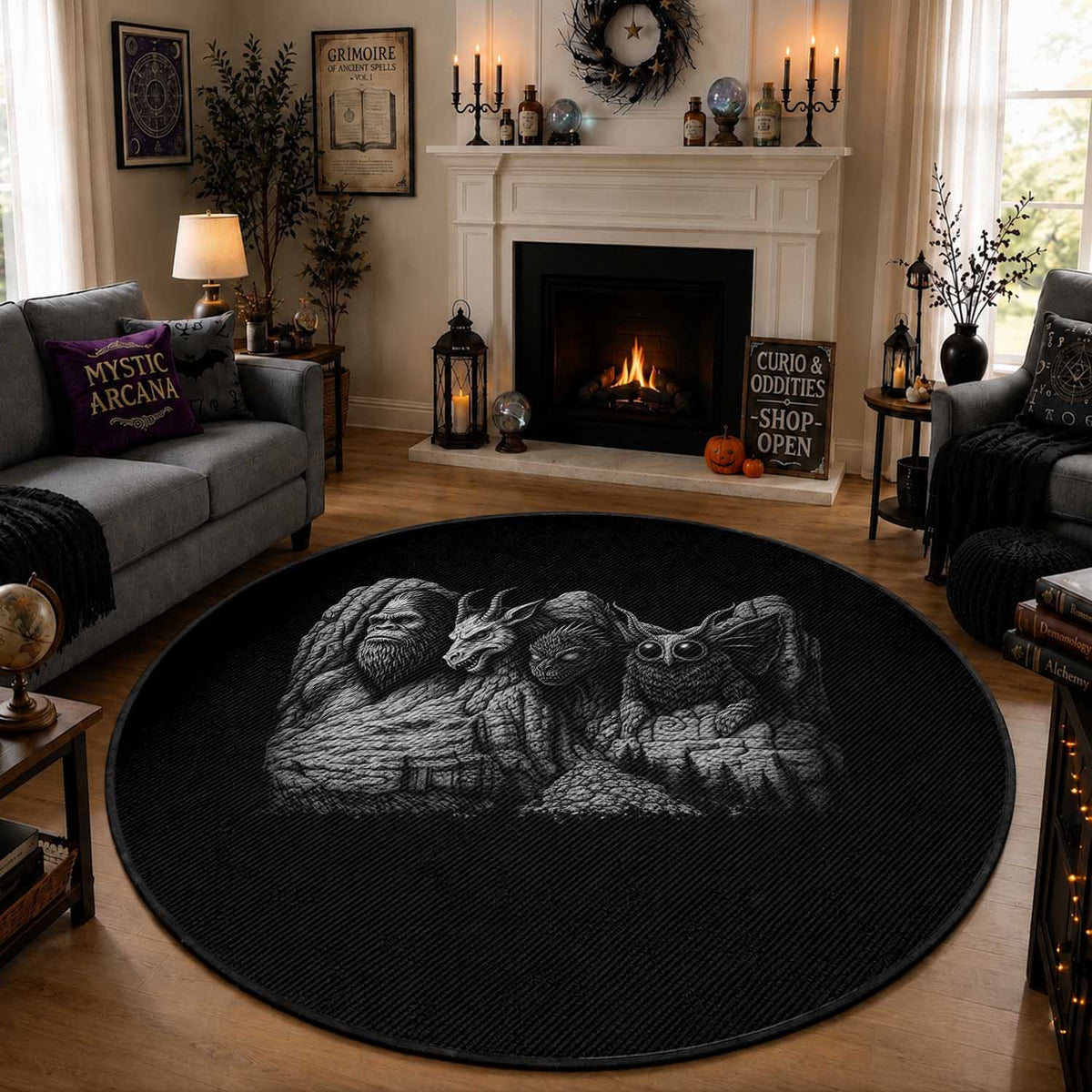 Cryptid Mount Rushmore Round Rug Bigfoot Mothman Jersey Devil Chupacabra