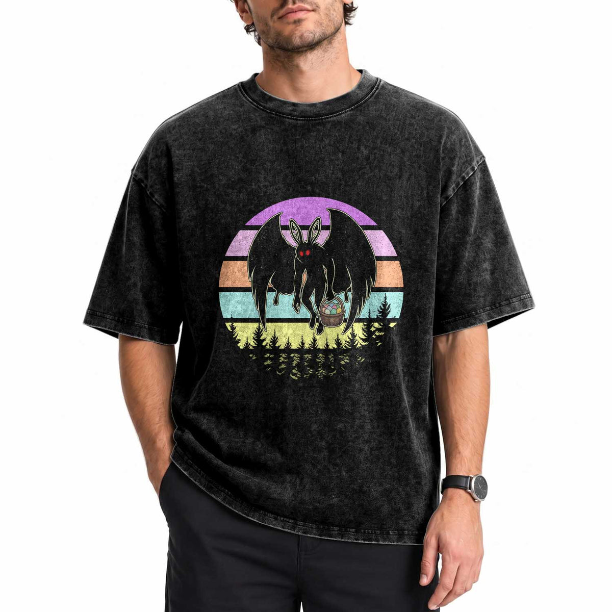 Retro Sunset Mothman Easter Egg Hunt Washed Cotton T-Shirt Cryptid Lover Gift