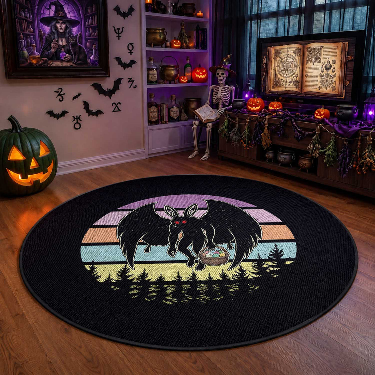 Retro Sunset Mothman Easter Egg Hunt Round Rug Cryptid Lover Gift